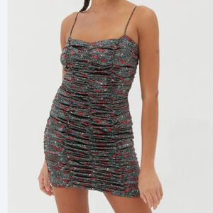 Urban Outfitters Iris Satin Ruched Mini Dress Black Floral Womens Size Small